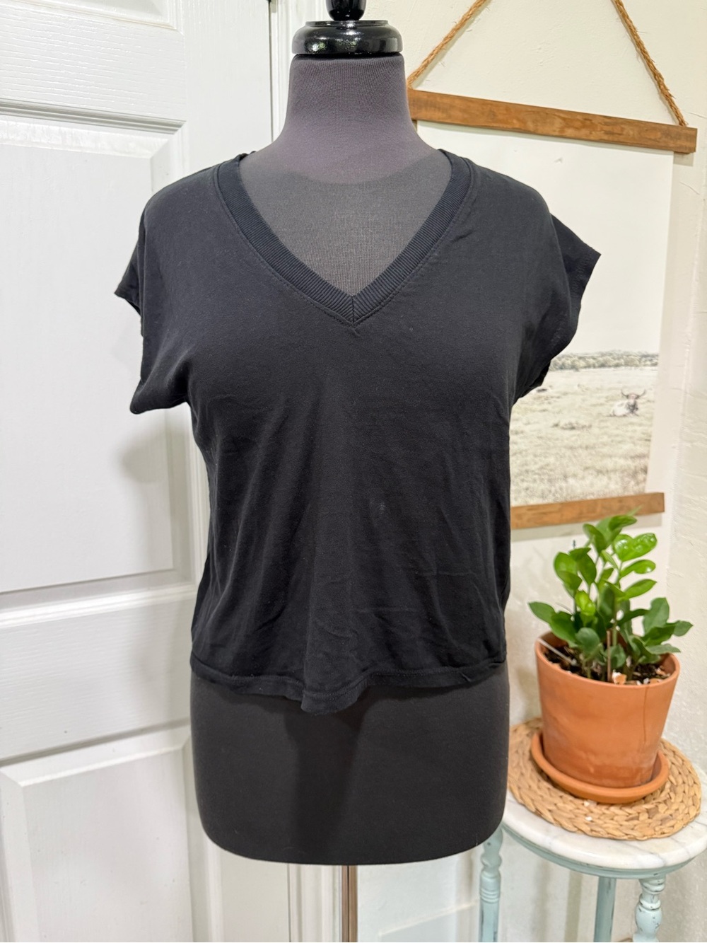 Zara Thin Black Cotton V-Neck Women's Top - Classic Everyday Tee
